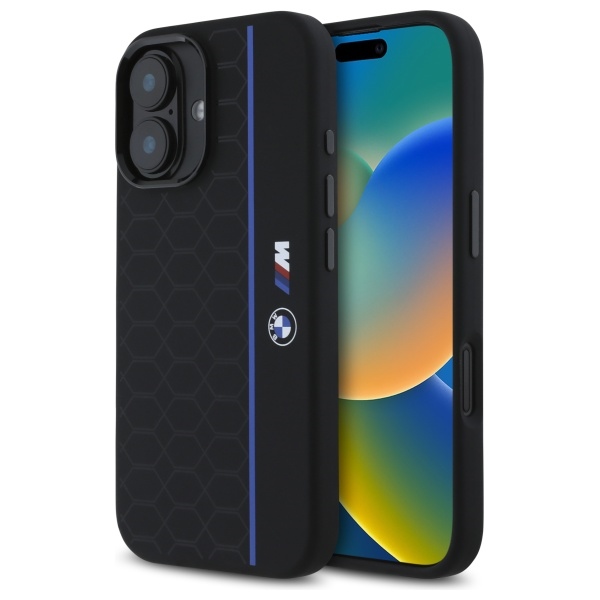 BMW BMHMP16S23SHEB Black Hardcase Silicone Hexagon Blue Line MagSafe Kryt iPhone 16