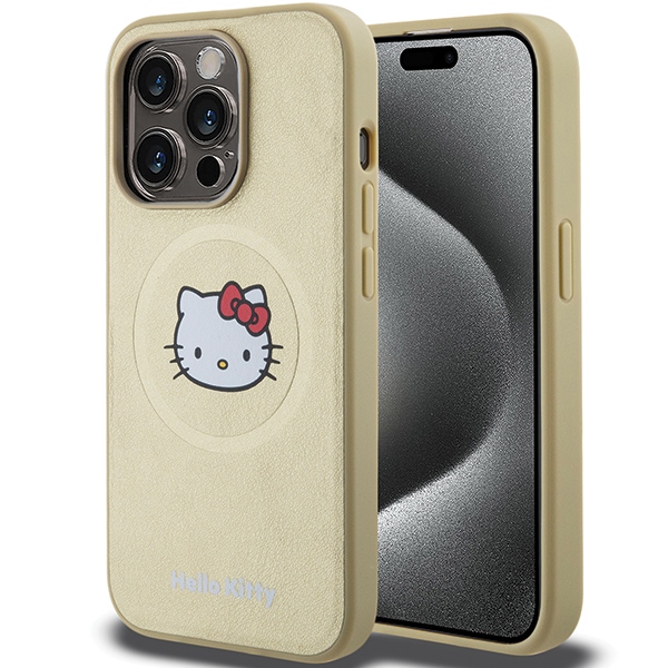 Hello Kitty HKHMP13LPGHCKD Gold Hardcase Leather Kitty Head MagSafe Kryt iPhone 13/13 Pro