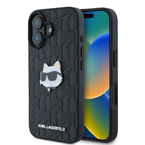 Karl Lagerfeld KLHCP16SPGKLCHPK Black Hardcase Monogram Choupette Head Pin Kryt iPhone 16