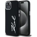 Karl Lagerfeld Silicone Metal Script Logo Black Kryt iPhone 15