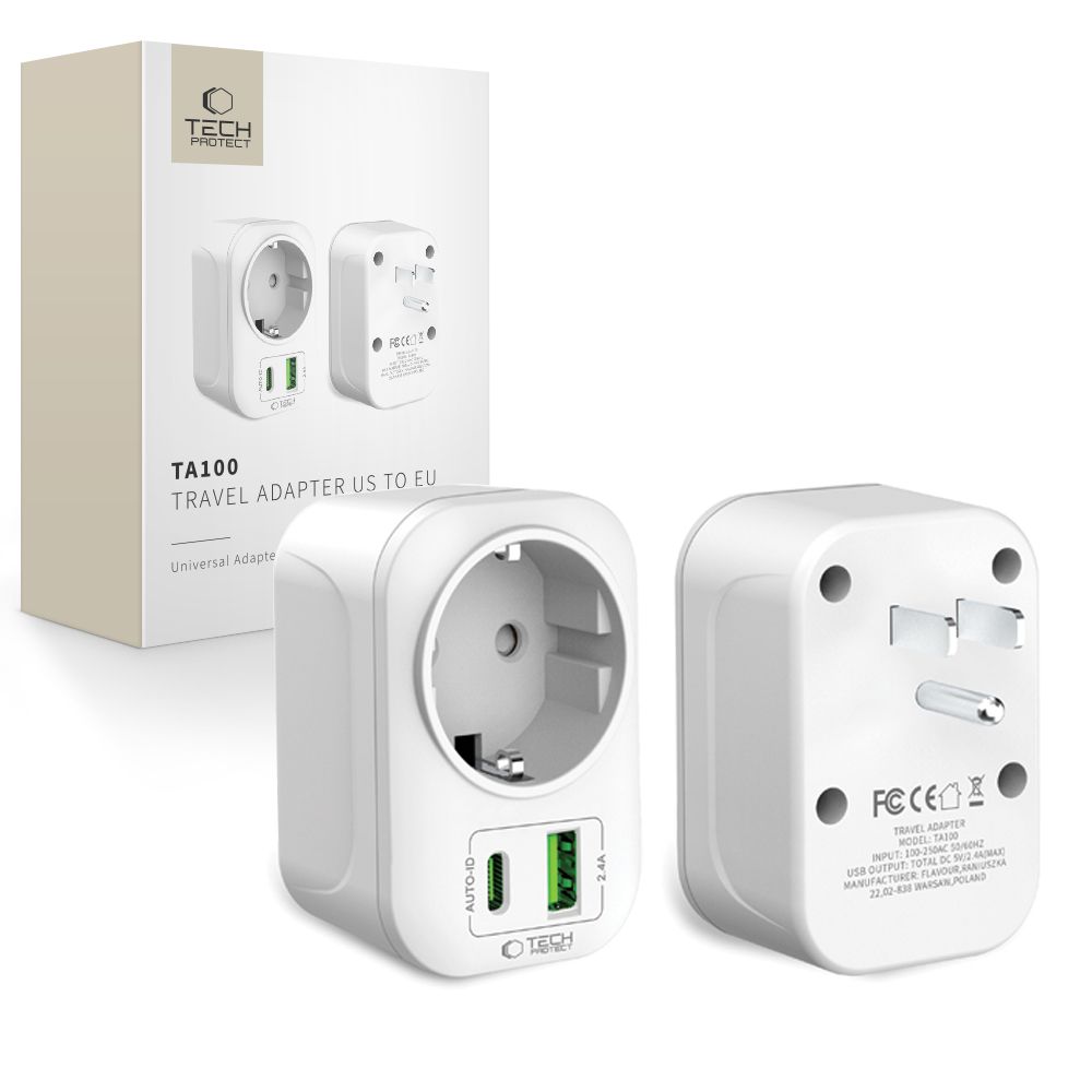 Tech-Protect Ta100 Travel Adapter Us To Eu White