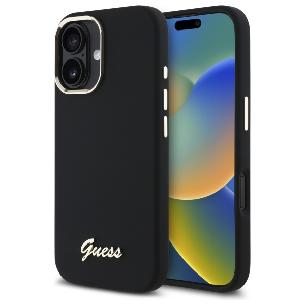 Guess GUHCP16SSMBSLK Black Hardcase Silicone Script Metal Logo & Frame Kryt iPhone 16