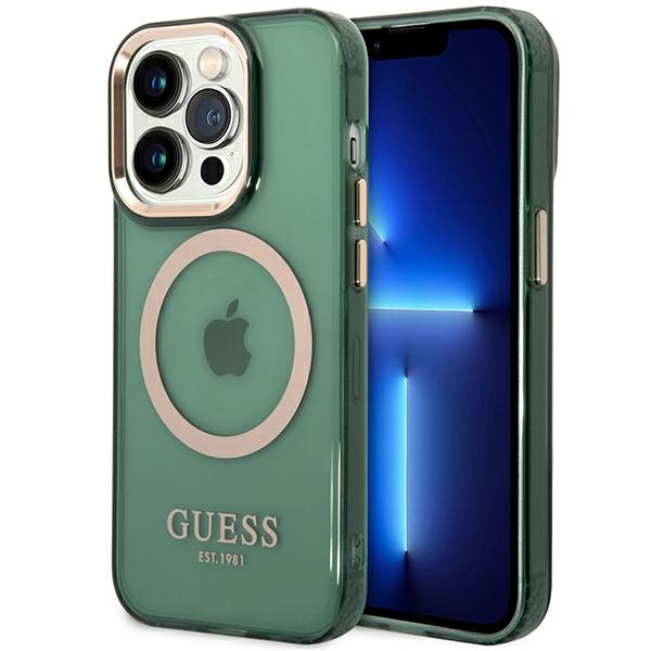 Guess GUHMP14LHTCMA Khaki Hardcase Gold Outline Translucent MagSafe Kryt iPhone 14 Pro