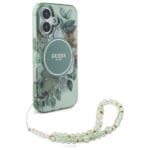 Guess GUHMP16MHFWBRCESN green Hardcase IML Flowers With Pearl Strap MagSa Kryt iPhone 16 Plus