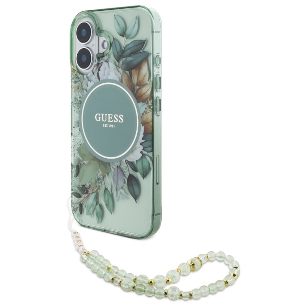 Guess GUHMP16MHFWBRCESN green Hardcase IML Flowers With Pearl Strap MagSa Kryt iPhone 16 Plus