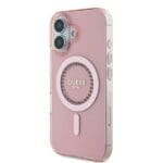 Guess GUHMP16MPFTDTEP Pink Hardcase IML Rhinestones MagSafe Kryt iPhone 16 Plus
