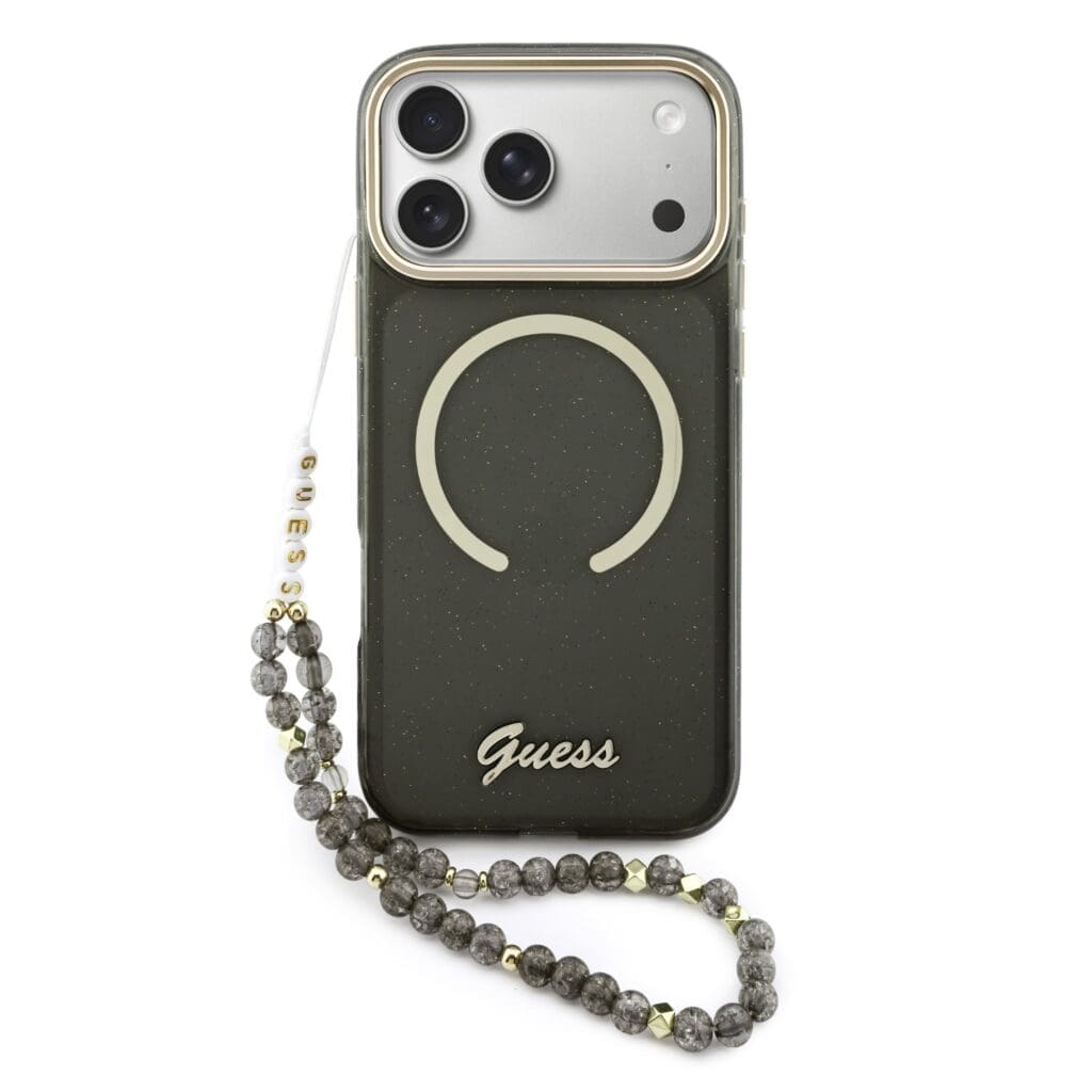 Guess IML Glitter Script Strap MagSafe Black Kryt iPhone 17 Pro Max