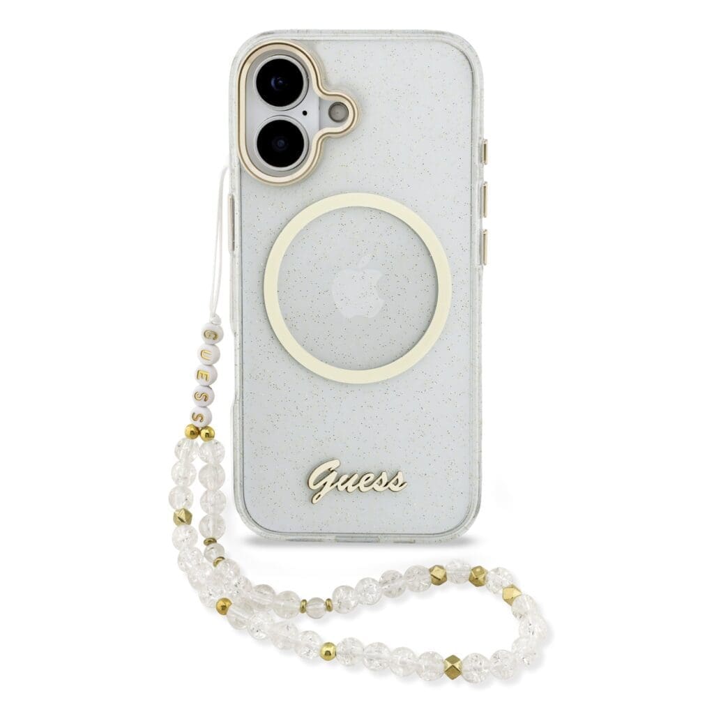 Guess IML Glitter Script Strap MagSafe Transparent Kryt iPhone 17