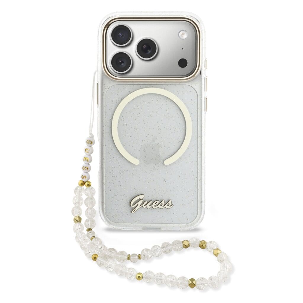 Guess IML Glitter Script Strap MagSafe Transparent Kryt iPhone 17 Pro Max