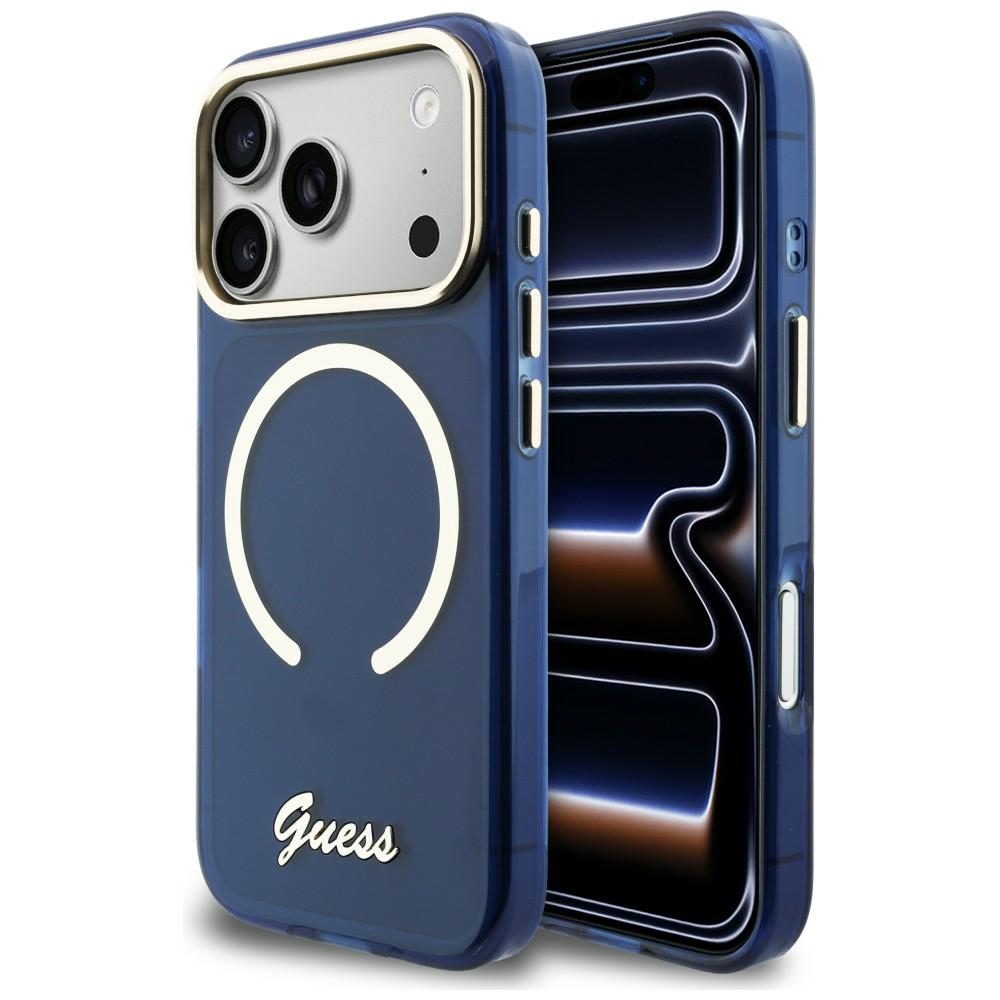 Guess IML Script Metal MagSafe Blue Kryt iPhone 17 Pro Max