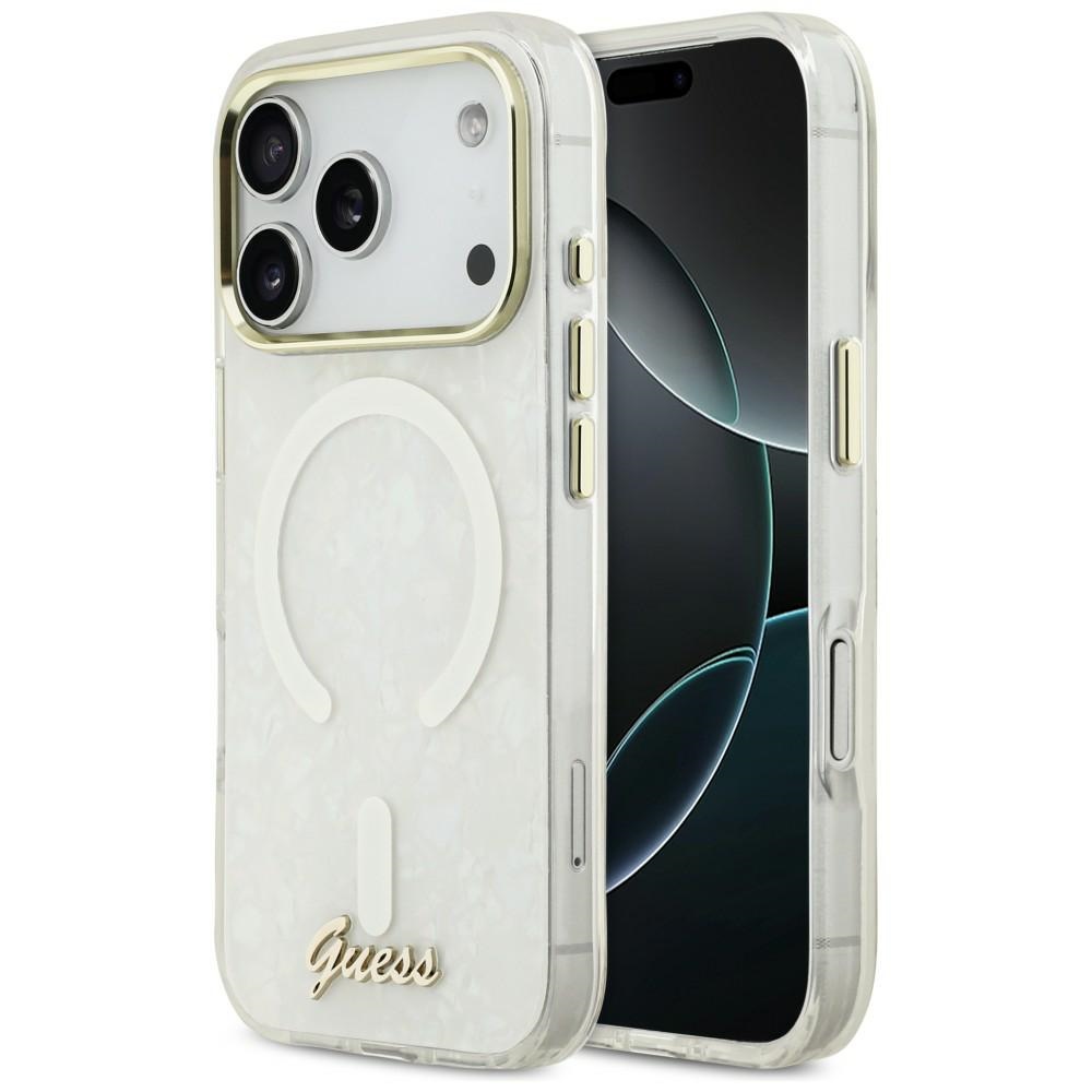 Guess IML Shell Script Metal MagSafe White Kryt iPhone 17 Pro Max
