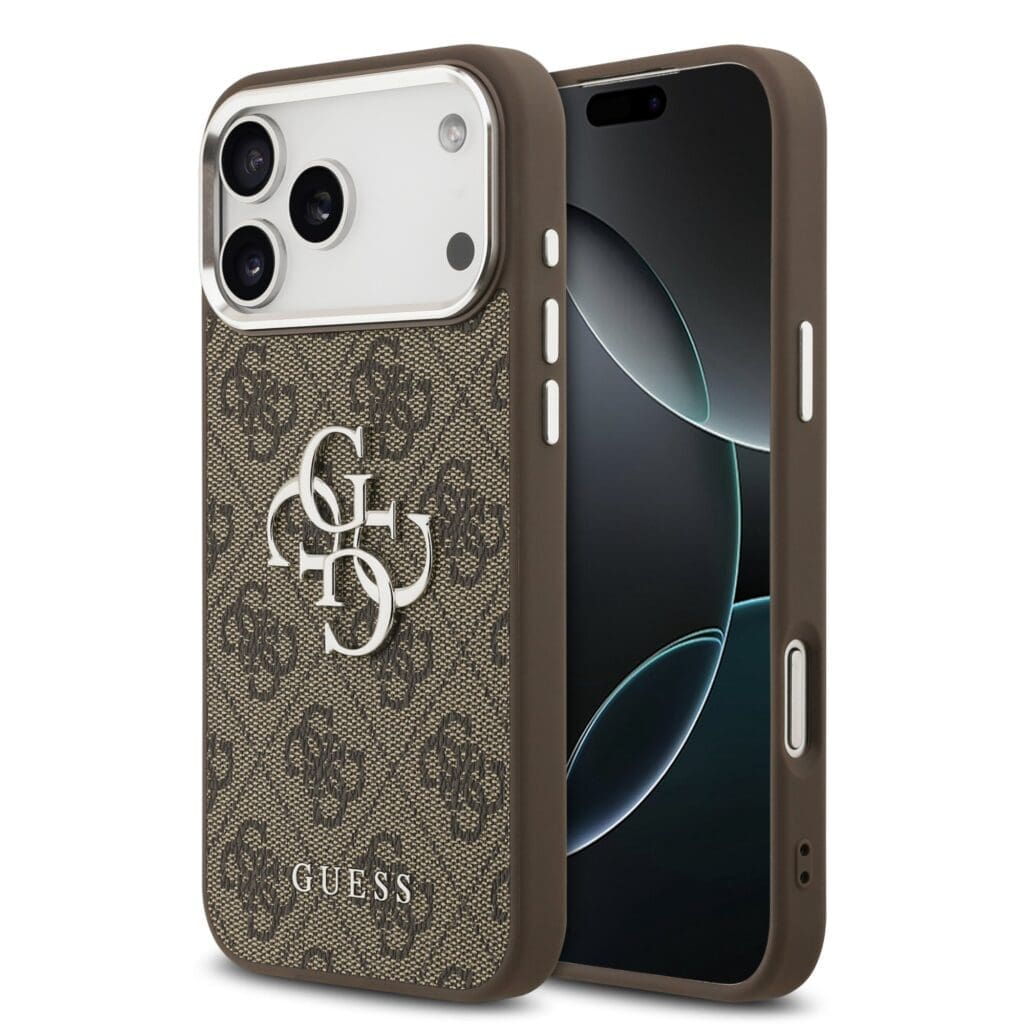 Guess PU 4G Metal Logo Silver Brown Kryt iPhone 17 Pro Max