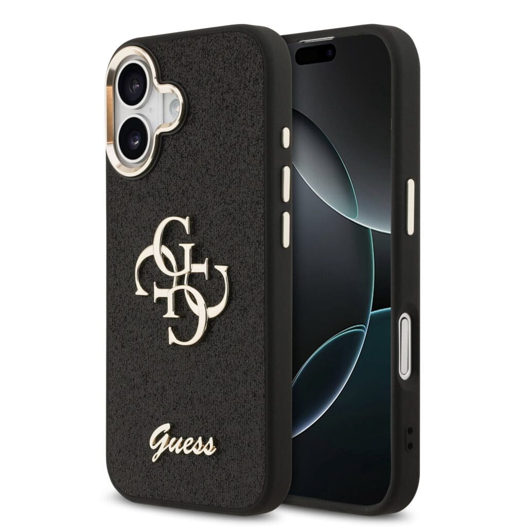 Guess PU Fixed Glitter 4G Metal Frame Black Kryt iPhone 17