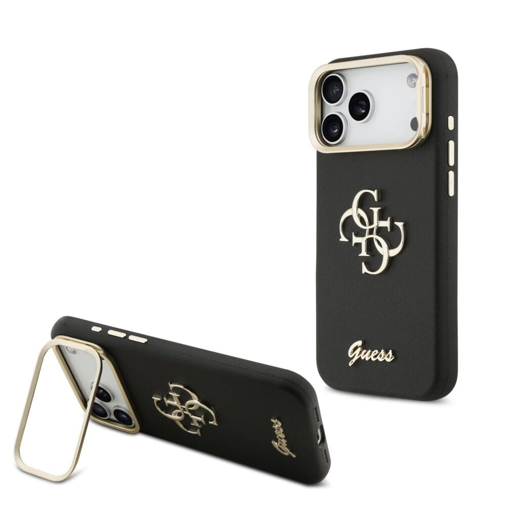 Guess PU Grained 4G Logo Stand Camera Frame Black Kryt iPhone 17 Pro Max