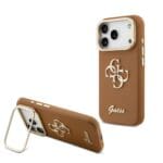 Guess PU Grained 4G Logo Stand Camera Frame Brown Kryt iPhone 17 Pro