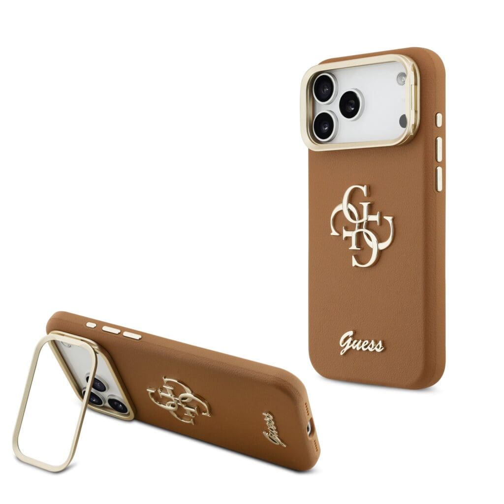 Guess PU Grained 4G Logo Stand Camera Frame Brown Kryt iPhone 17 Pro Max