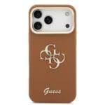 Guess PU Grained 4G Logo Stand Camera Frame Brown Kryt iPhone 17 Pro Max