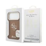 Guess PU Grained 4G Logo Stand Camera Frame Brown Kryt iPhone 17 Pro Max