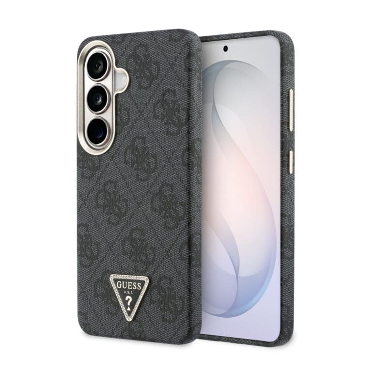 Guess PU Leather 4G Strass Triangle Logo Gold Frame Magnetic Black Kryt Samsung Galaxy S26