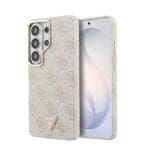 Guess PU Leather 4G Strass Triangle Logo Gold Frame Magnetic Pink Kryt Samsung Galaxy S26 Ultra