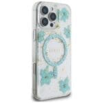 Guess Resin Flowers Glitter MagSafe turquoise Kryt iPhone 16 Pro