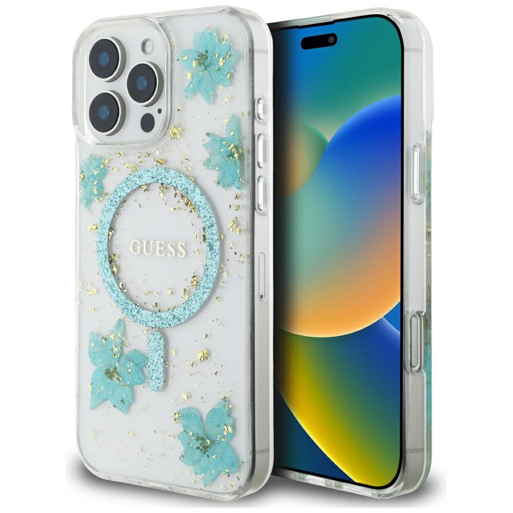 Guess Resin Flowers Glitter MagSafe turquoise Kryt iPhone 16 Pro