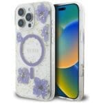 Guess Resin Flowers MagSafe Purple Kryt iPhone 16 Pro