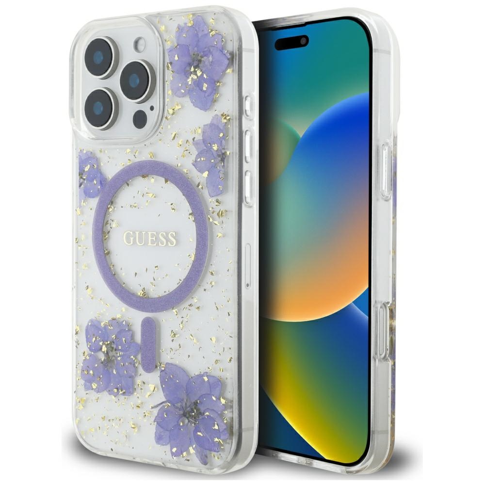 Guess Resin Flowers MagSafe Purple Kryt iPhone 16 Pro