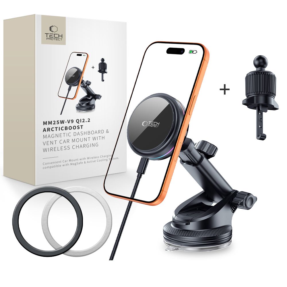 Tech-Protect V9 Arcticboost Magnetic MagSafe Dashboard & Vent Car Mount Wireless Charger 25W Qi2.2 Black