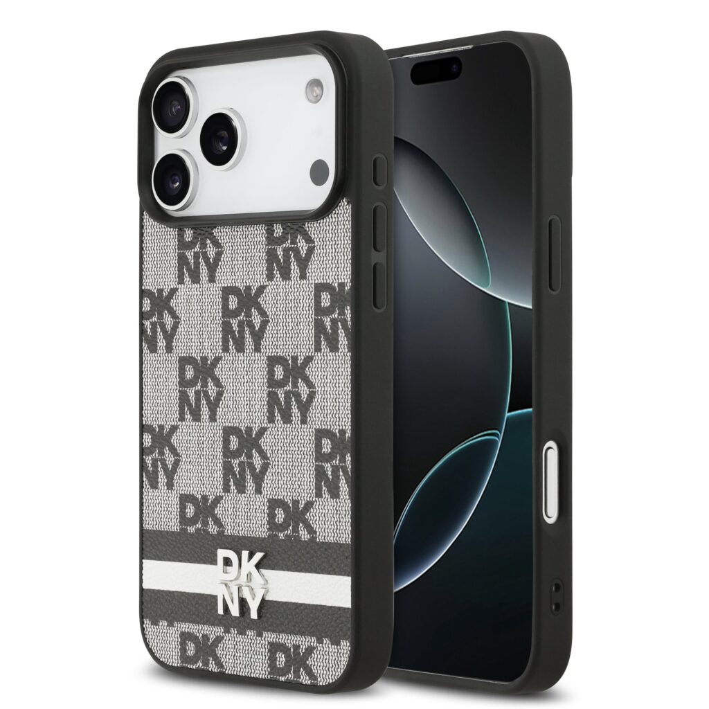 DKNY PU Leather Checkered Pattern and Stripe Black Kryt iPhone 17 Pro Max