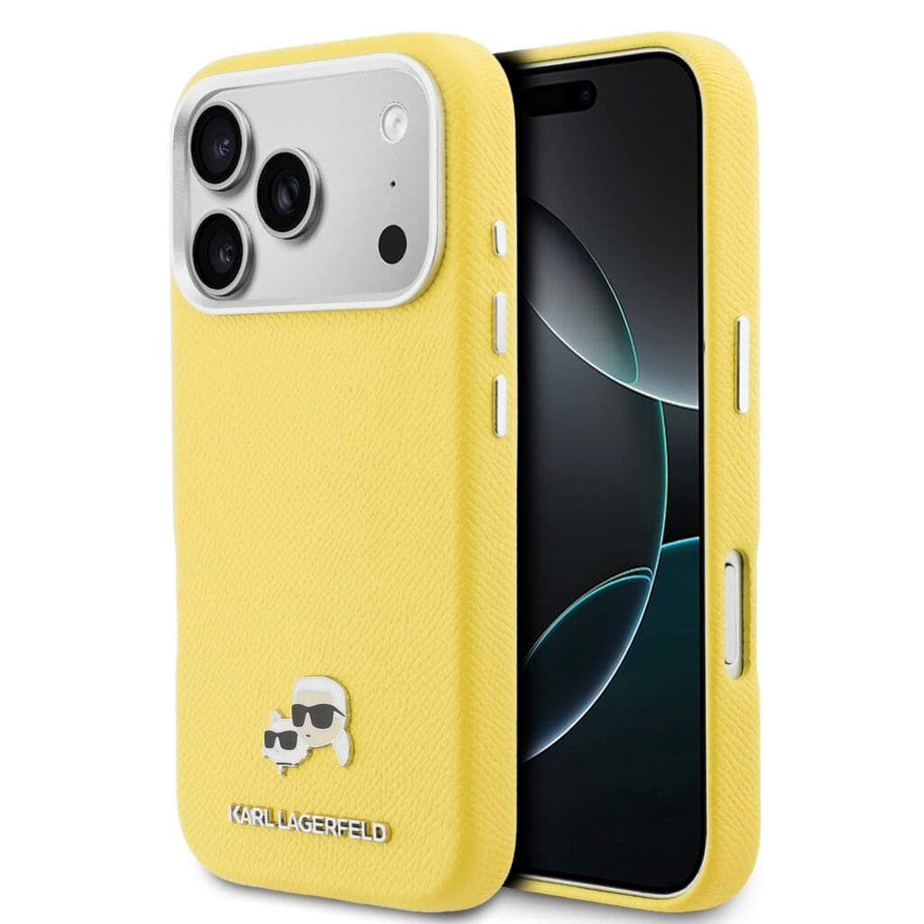 Karl Lagerfeld PU Karl and Choupette Heads Pins MagSafe Yellow Kryt iPhone 17 Pro