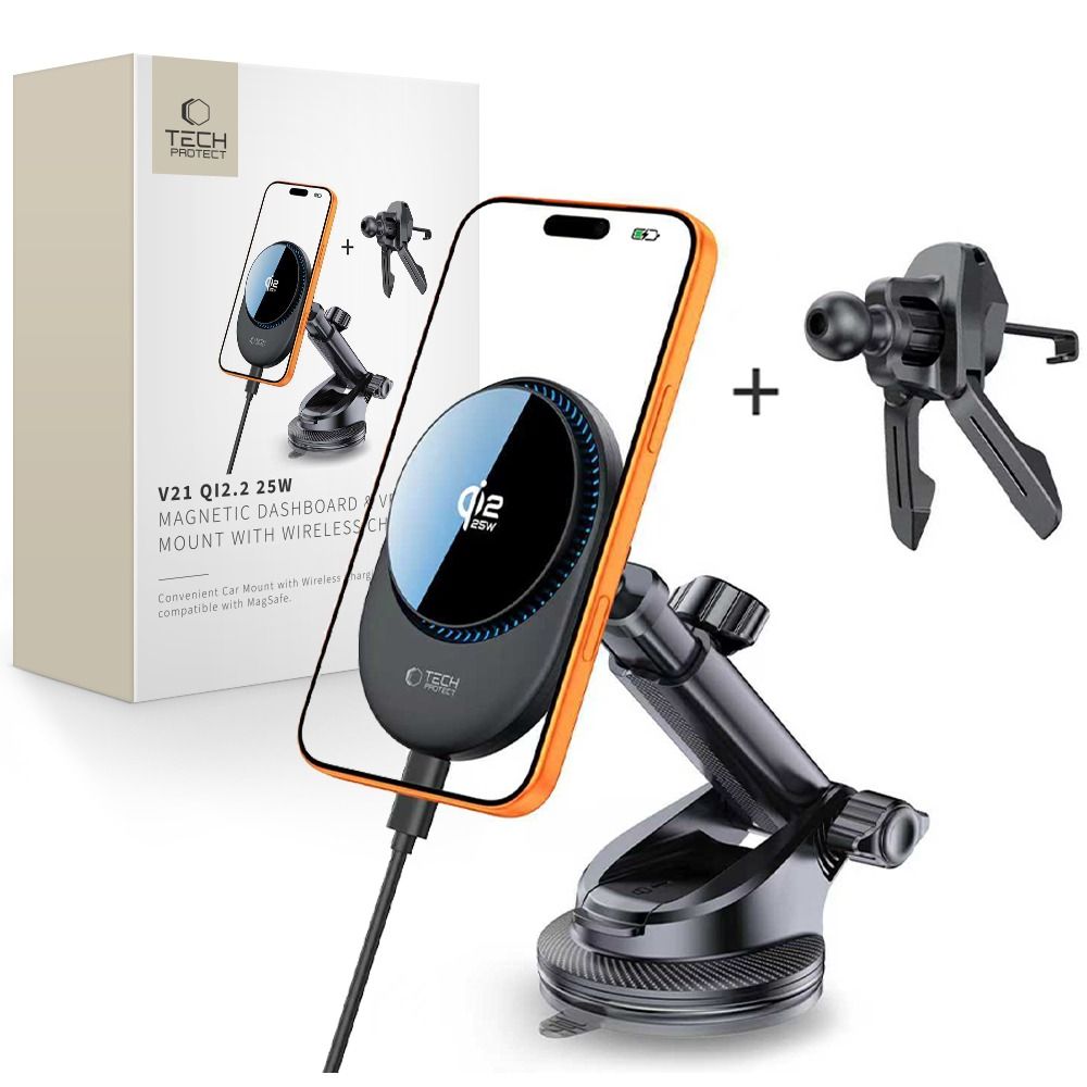 Tech-Protect V21 Magnetic MagSafe Dashboard & Vent Car Mount Wireless Charger 25W Qi2.2 Black